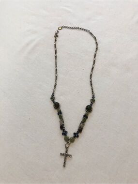 Silver-Tone Cross Pendant Necklace with Green and Blue Beads. Handmade/Asheville